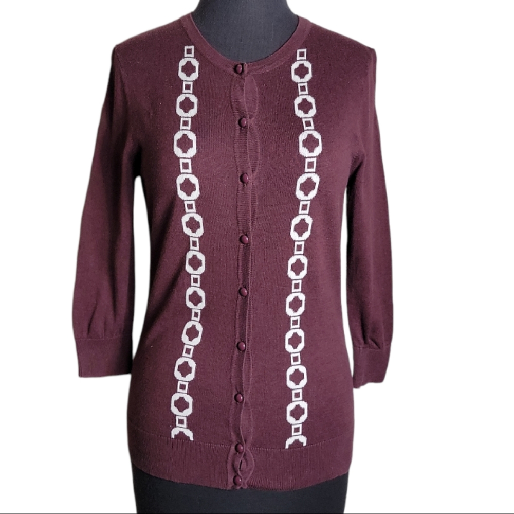 Banana Republic burgundy white geometric print button front cardigan women's S